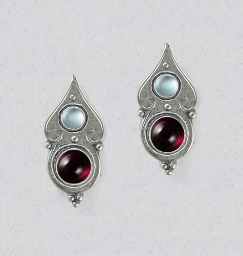 Sterling Silver Gothic Look Post Stud Earrings With Garnet And Blue Topaz